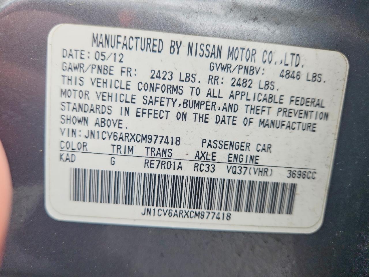 2012 INFINITI G37 VIN JN1CV6ARXCM977418 photo 12