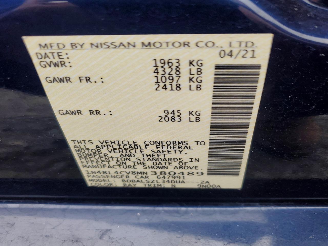 2021 Nissan Altima VIN 1N4BL4CV8MN380489 photo 12