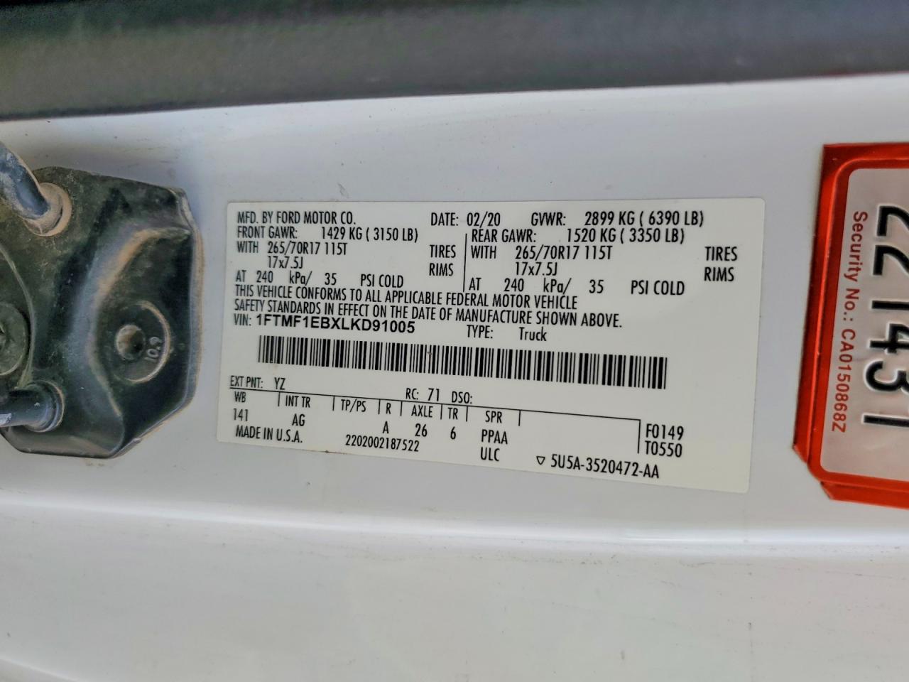2020 Ford F150 VIN 1FTMF1EBXLKD91005 photo 12