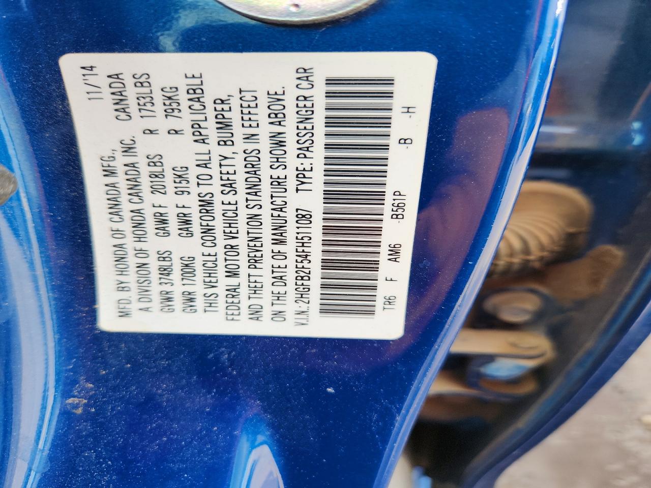 2015 Civic VIN 2HGFB2F54FH511087 photo 12