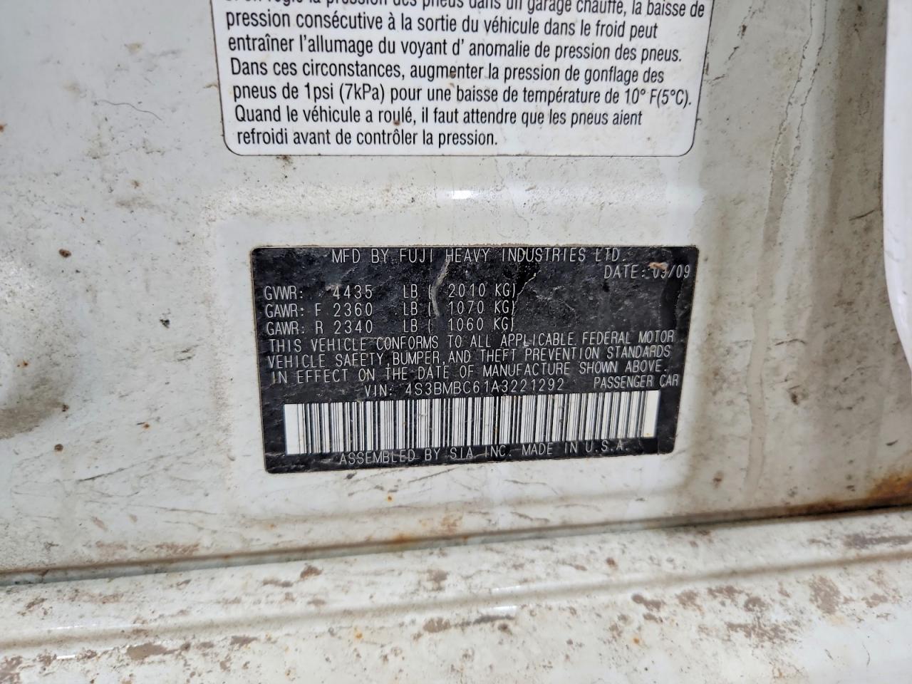 2010 Subaru LEGACY VIN 4S3BMBC61A3221292 photo 12