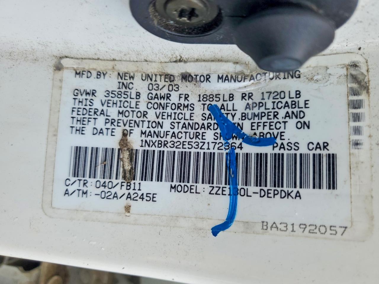 2003 TOYT Corolla VIN 1NXBR32E53Z172364 photo 12