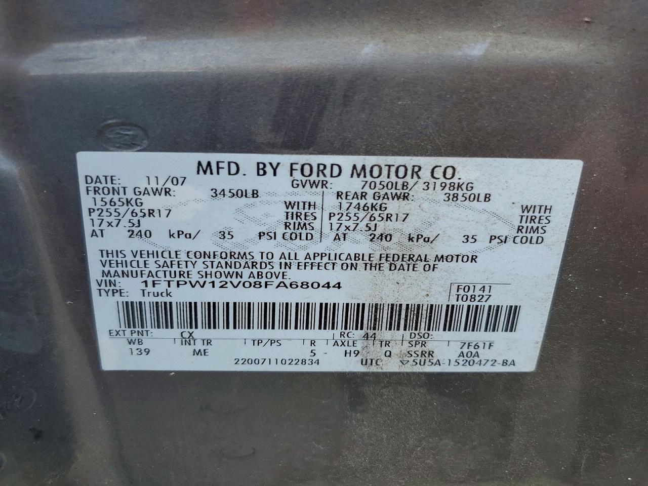 2008 Ford F150 VIN 1FTPW12V08FA68044 photo 12