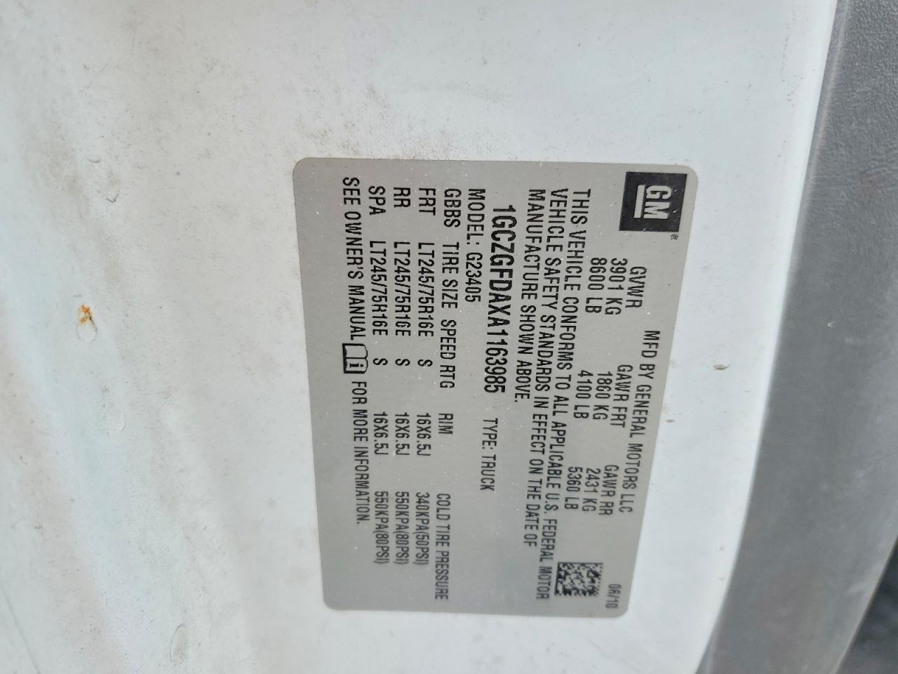 2010 CHEV Express VIN 1GCZGFDAXA1163985 photo 12