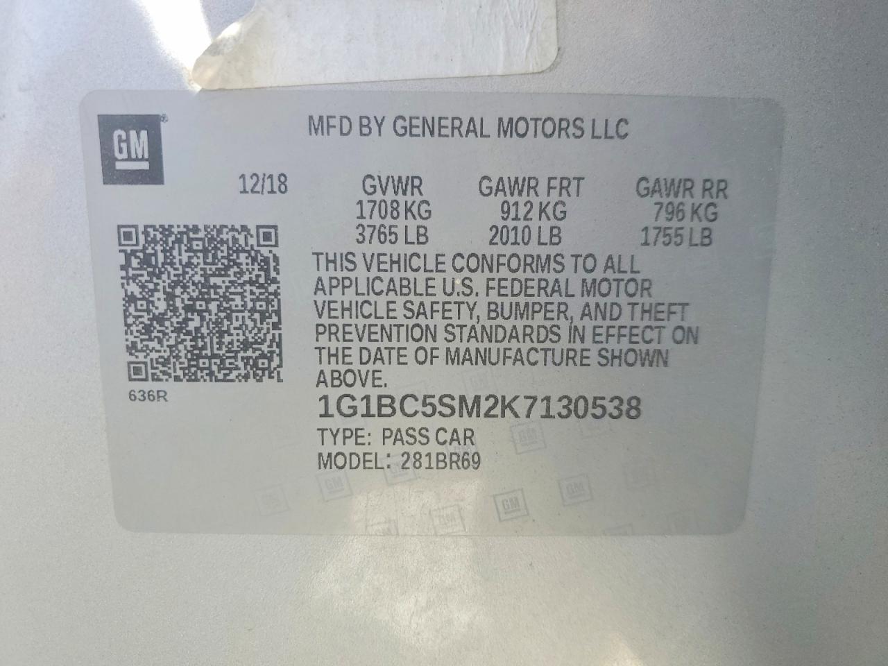2019 CHEV Cruze VIN 1G1BC5SM2K7130538 photo 12
