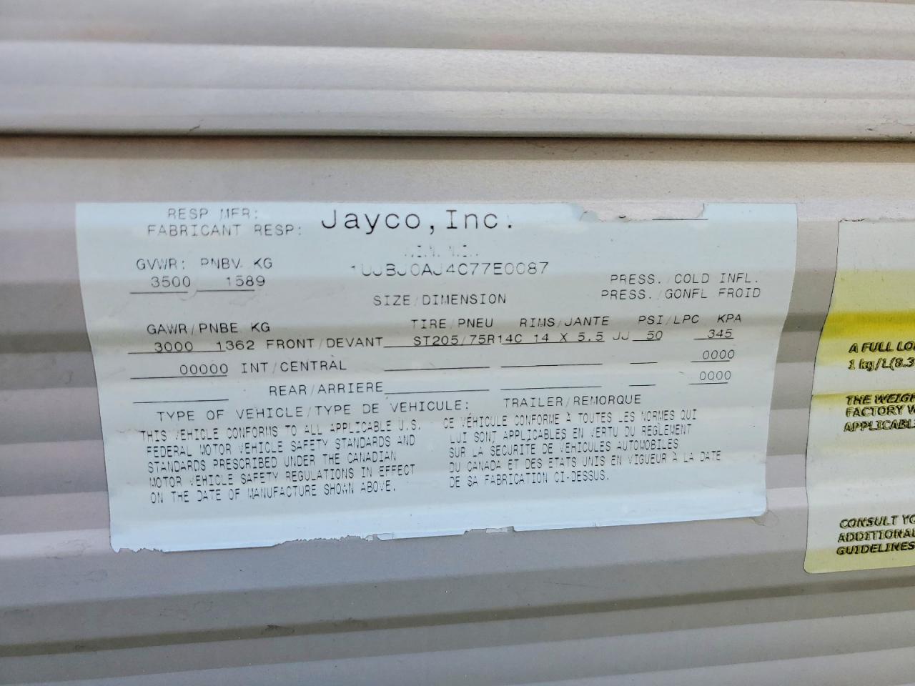 2012 JAYCO All models VIN 1UJBJ0AJ4C77E0087 photo 10