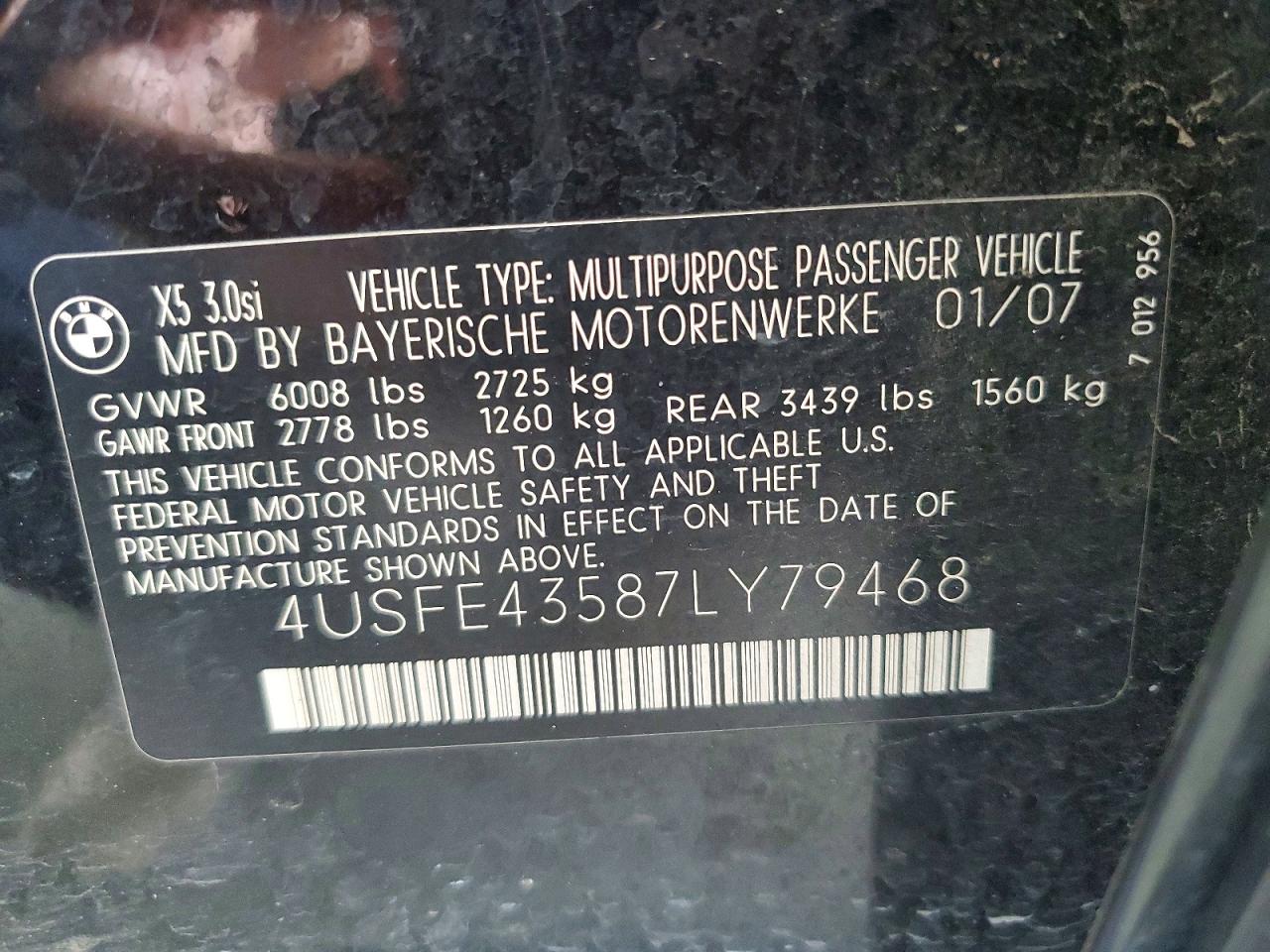 2007 BMW X5 VIN 4USFE43587LY79468 photo 12