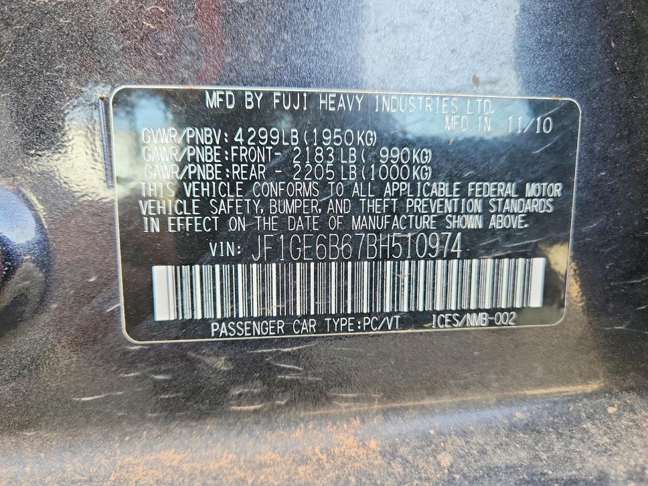 2011 Subaru Impreza VIN JF1GE6B67BH510974 photo 12