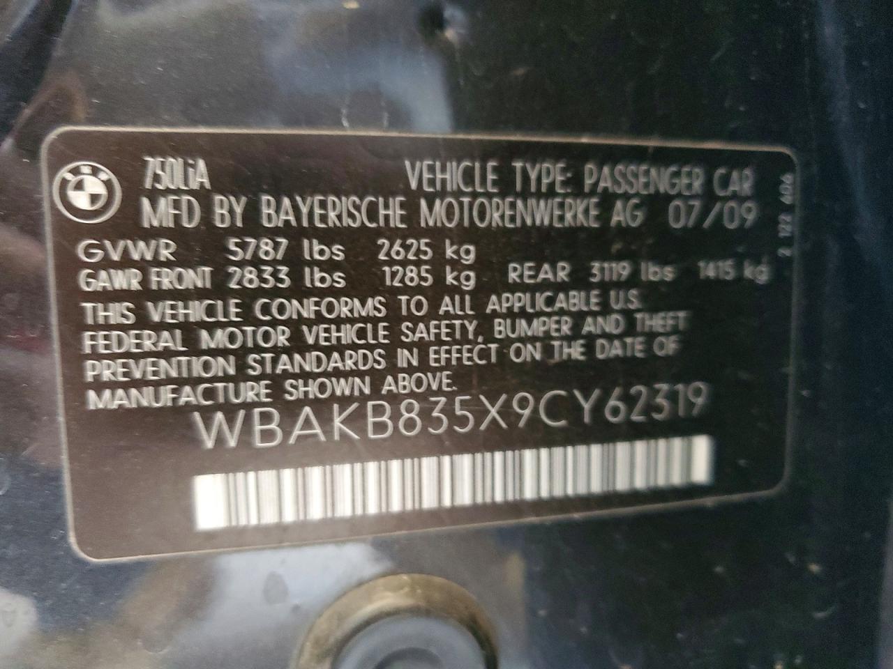2009 BMW 7 series VIN WBAKB835X9CY62319 photo 12