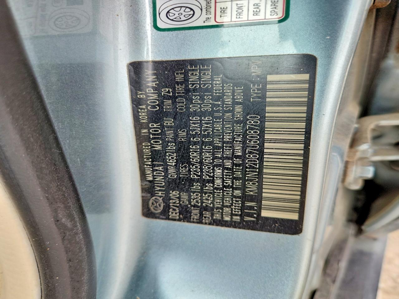2007 Hyundai Tucson VIN KM8JN12D87U608780 photo 12