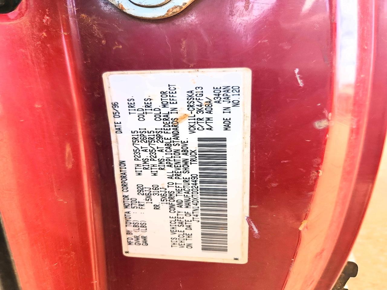 1996 TOYOTA T100 VIN JT4TN14DXT0024490 photo 12