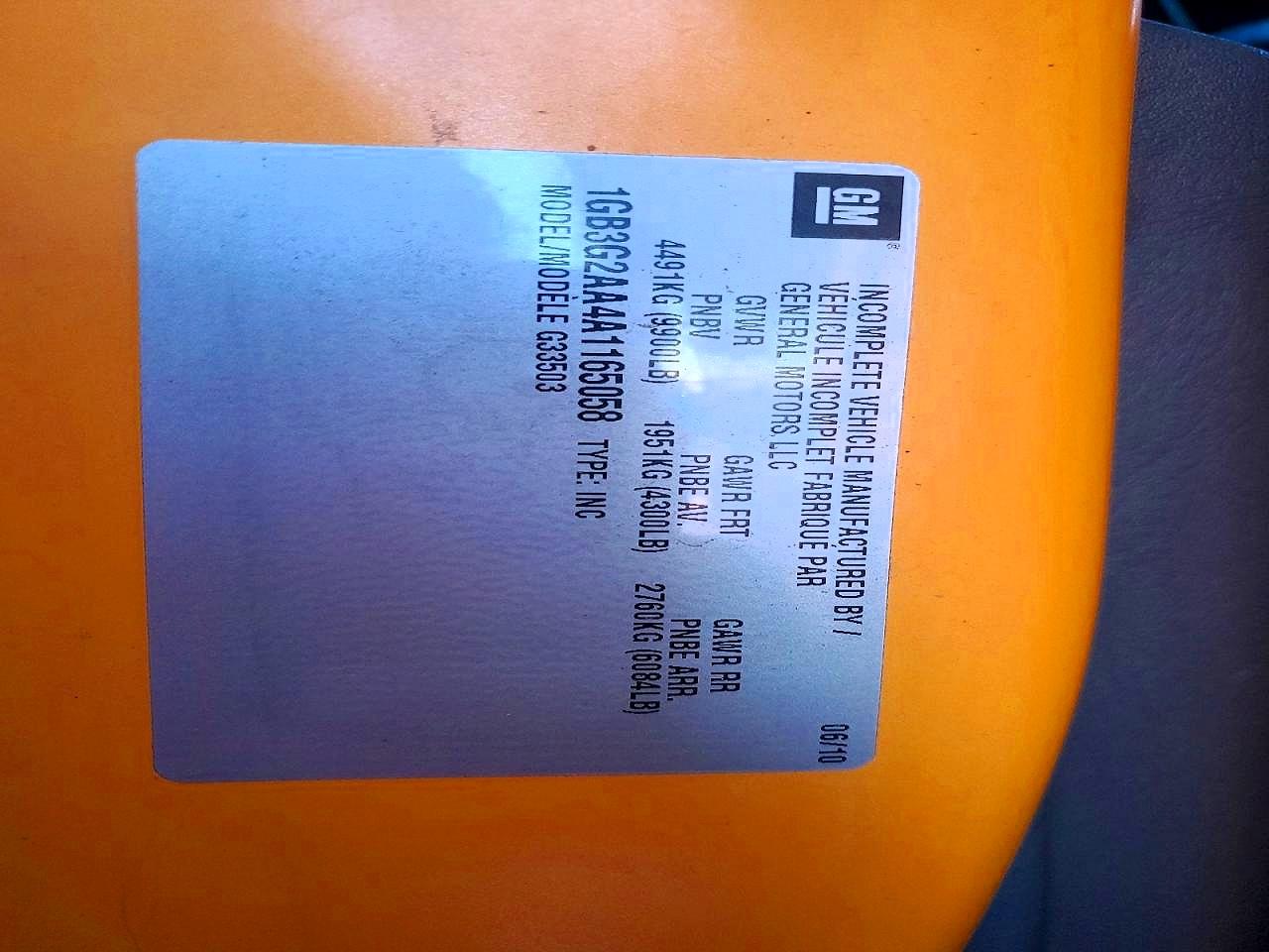 2010 CHEV Express VIN 1GB3G2AA4A1165058 photo 10