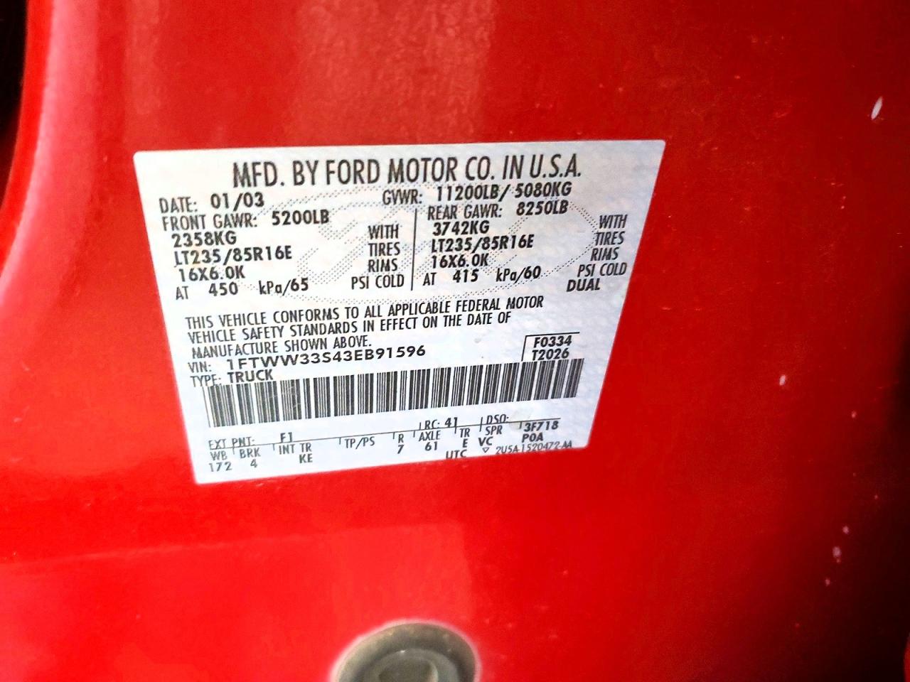 2003 Ford F350 VIN 1FTWW33S43EB91596 photo 12
