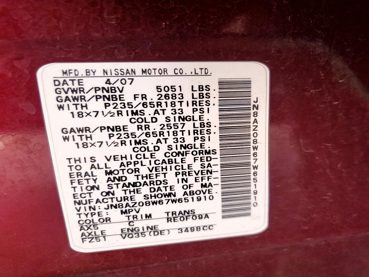2007 Nissan Murano VIN JN8AZ08W67W651910 photo 12