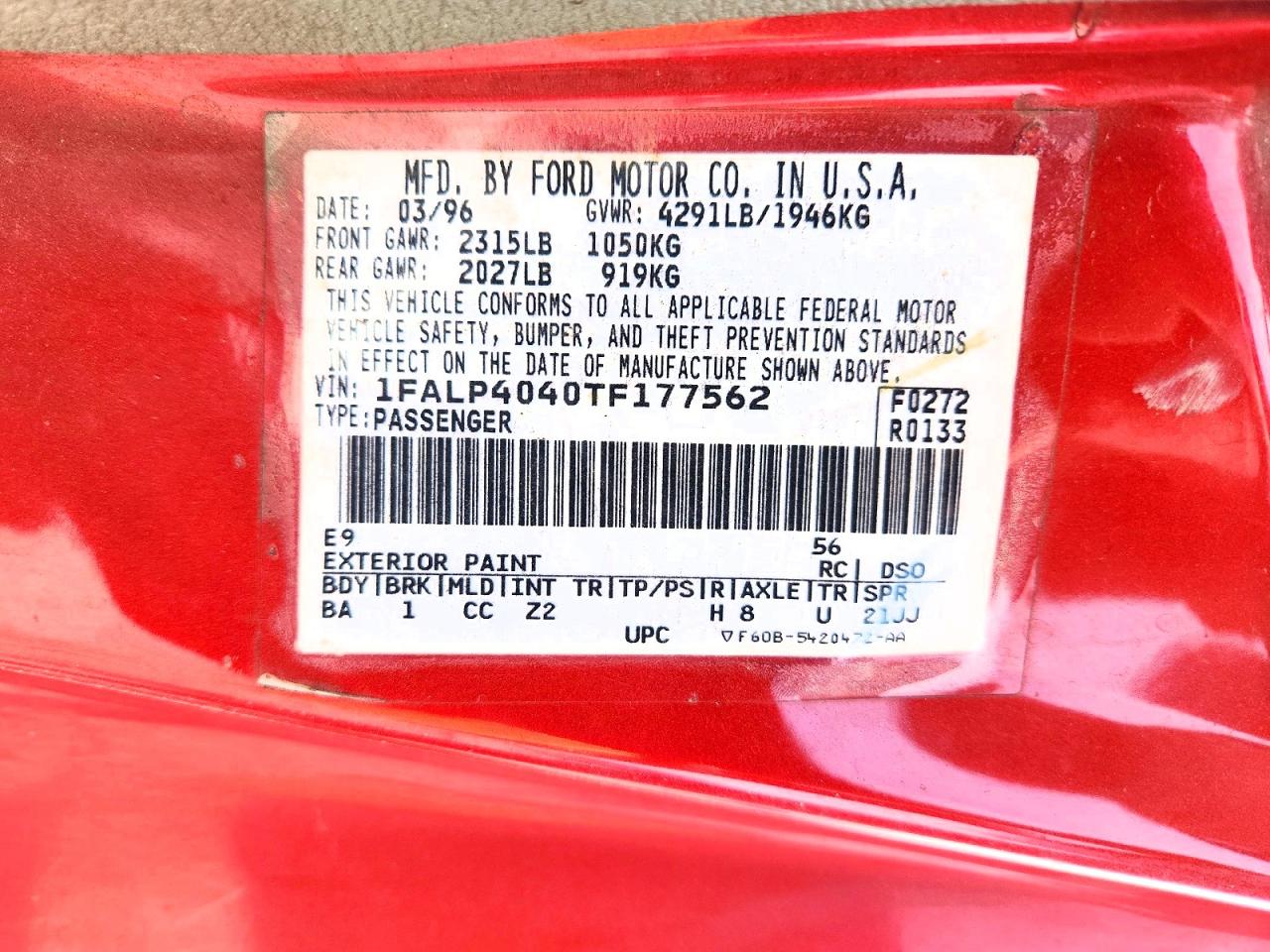 1996 Ford Mustang VIN 1FALP4040TF177562 photo 12