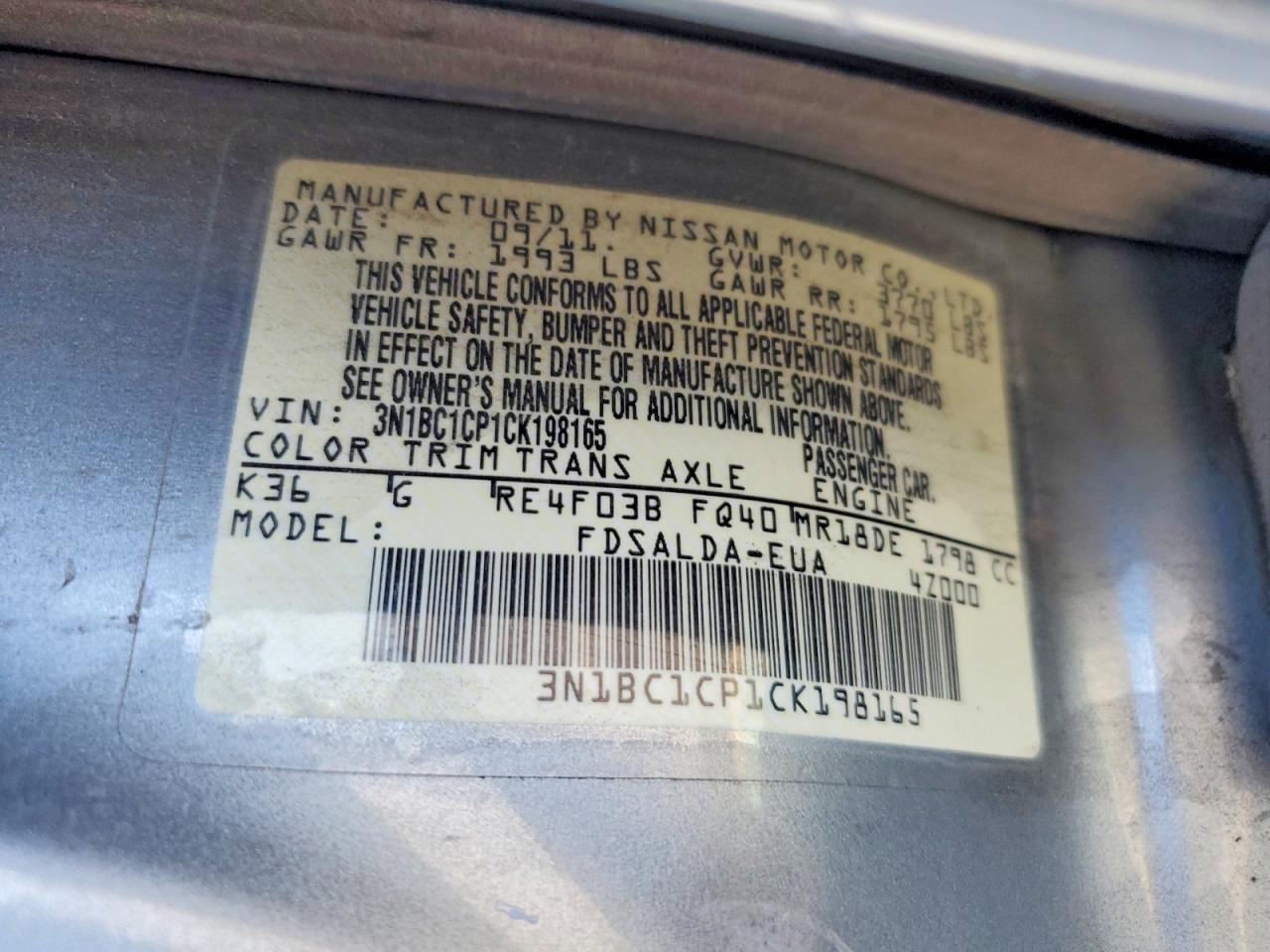 2012 NISS Versa VIN 3N1BC1CP1CK198165 photo 12