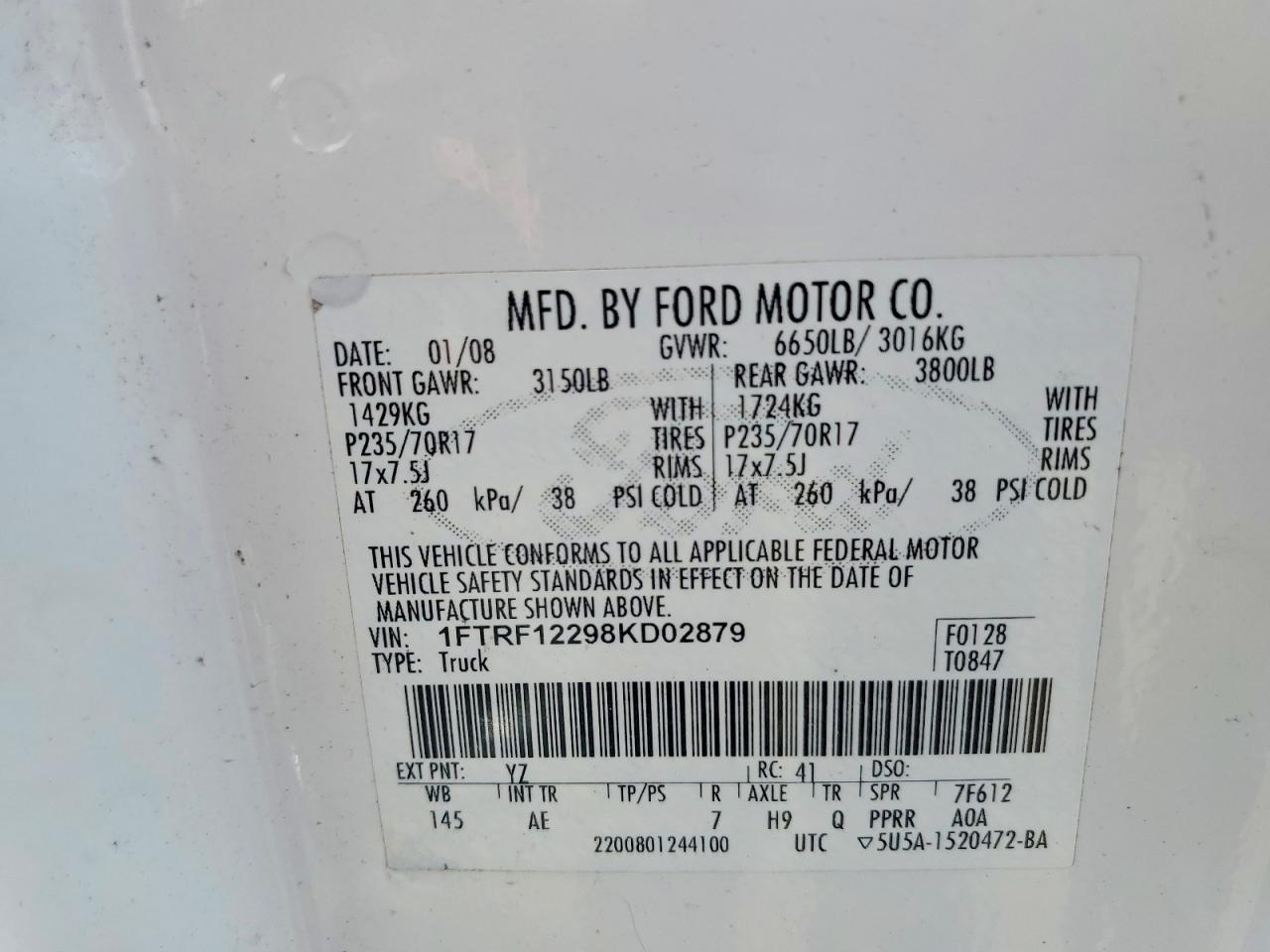 2008 Ford F150 VIN 1FTRF12298KD02879 photo 12