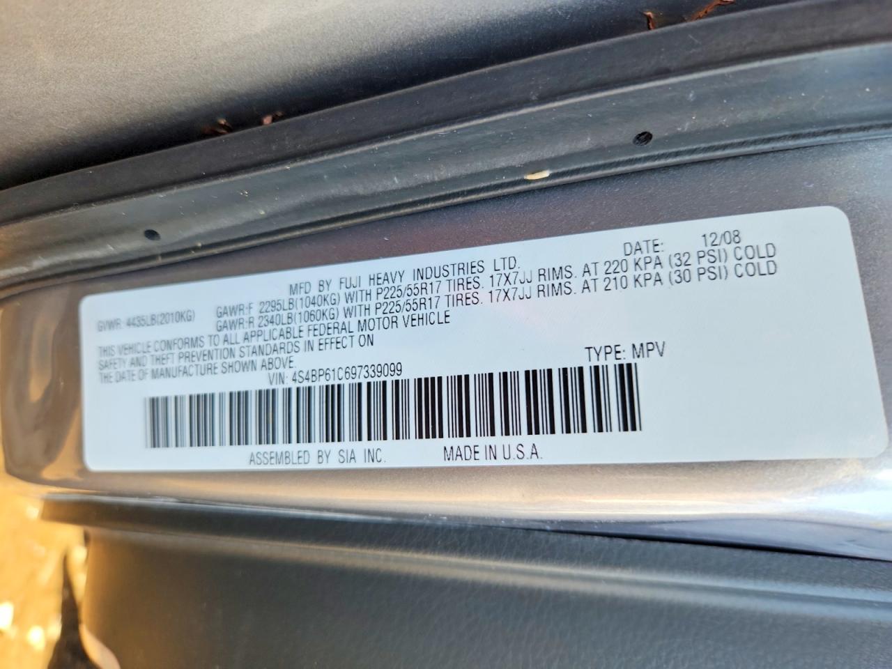 2009 Subaru Outback VIN 4S4BP61C697339099 photo 12