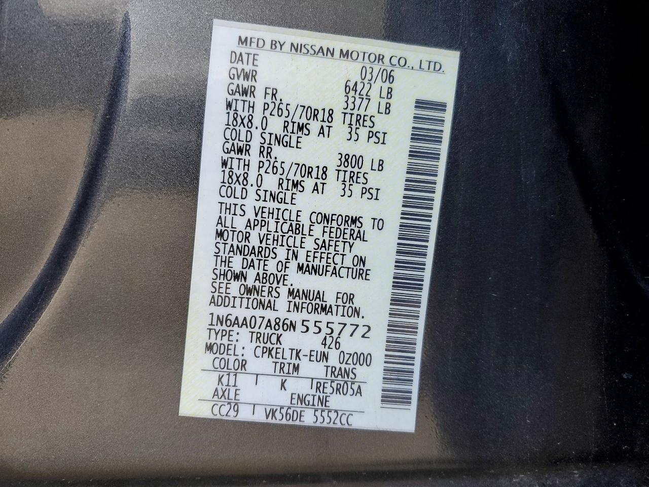 2006 Nissan Titan xe VIN 1N6AA07A86N555772 photo 12