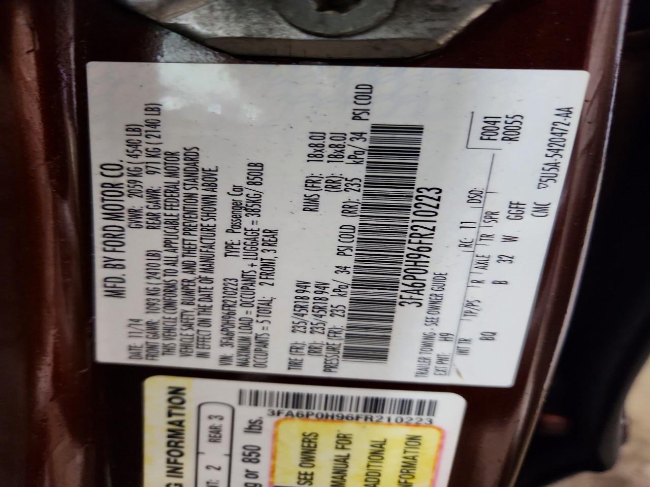 2015 Ford Fusion VIN 3FA6P0H96FR210223 photo 12