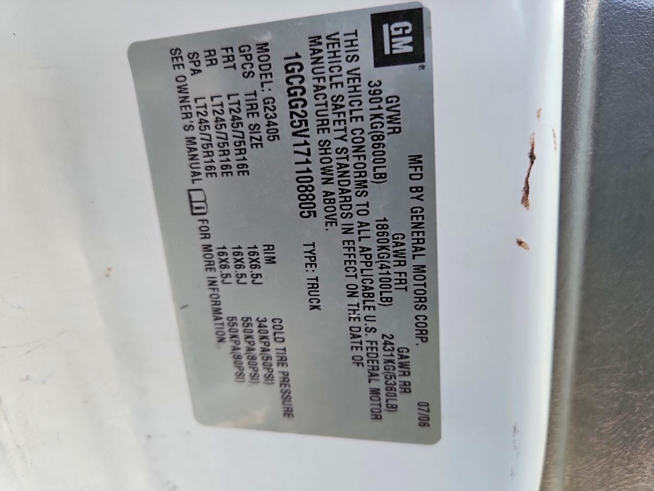 2007 CHEV Express VIN 1GCGG25V171108805 photo 12