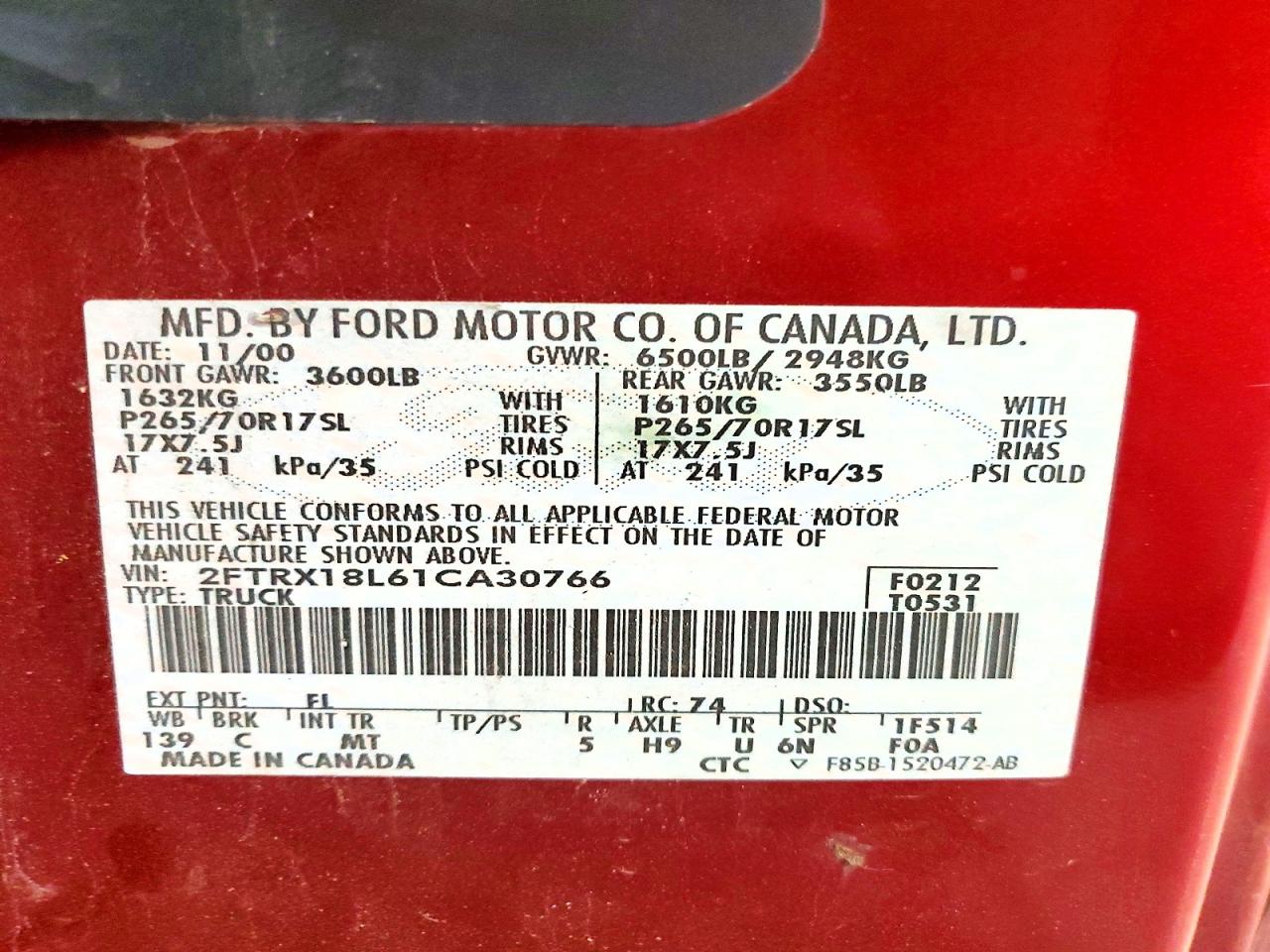 2001 Ford All models VIN 2FTRX18L61CA30766 photo 12