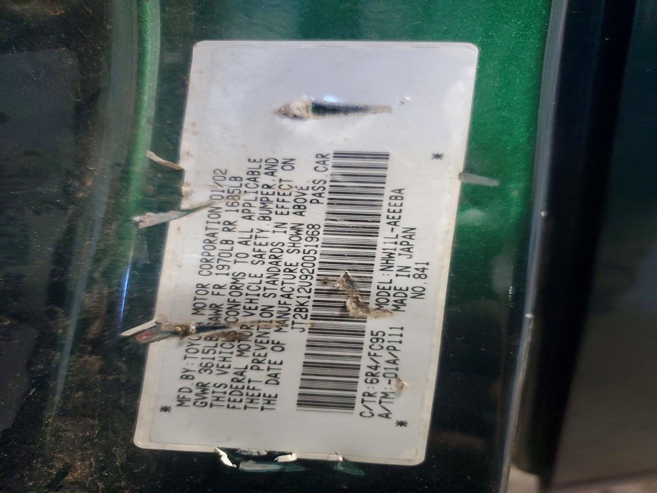 2002 TOYOTA Prius VIN JT2BK12U920051968 photo 12