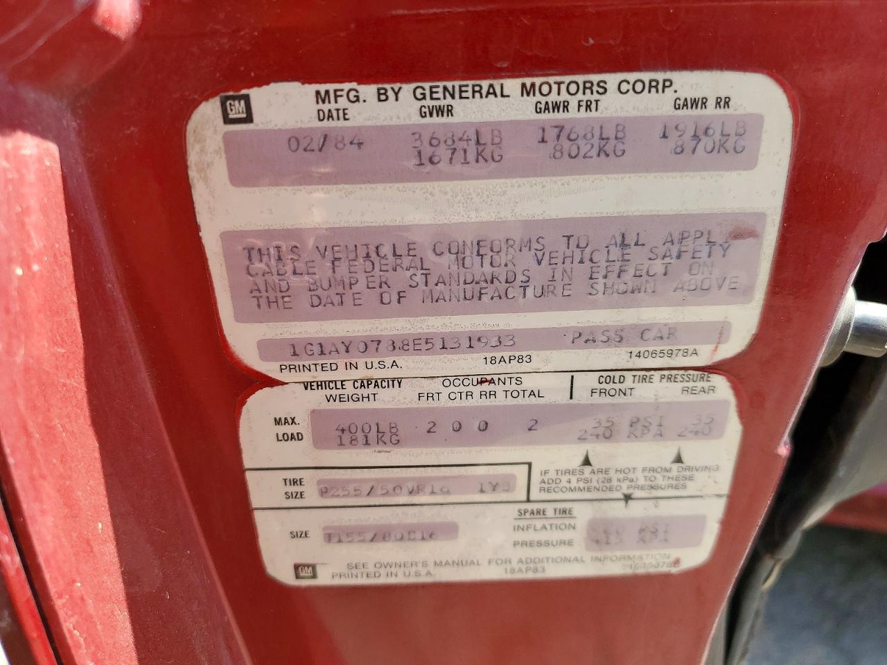 1984 CHEV Corvette VIN 1G1AY0788E5131933 photo 12