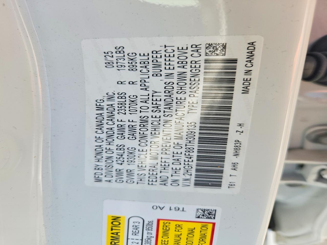 2026 Honda Civic VIN 2HGFE4F88TH309135 photo 12