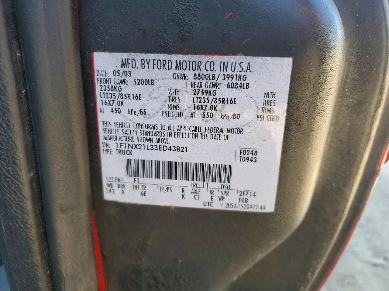 2003 FORD F250 VIN 1FTNX21L33ED43821 photo 12
