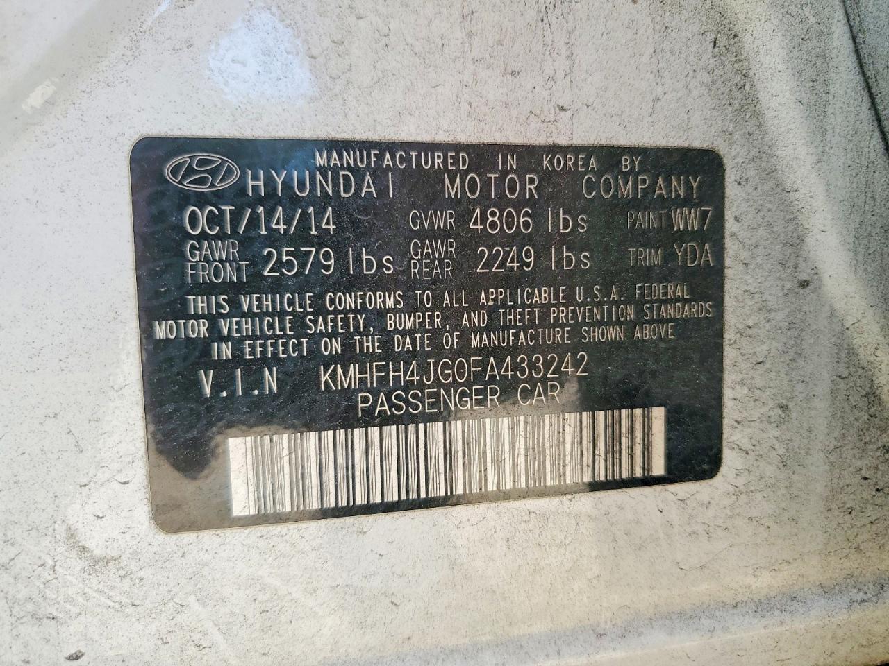 2015 Hyundai Azera VIN KMHFH4JG0FA433242 photo 12