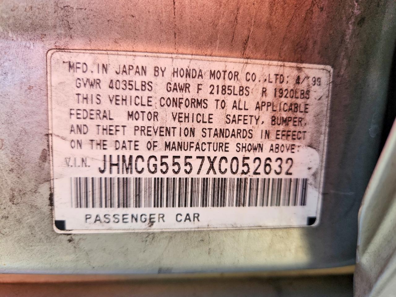 1999 HOND Accord VIN JHMCG5557XC052632 photo 12