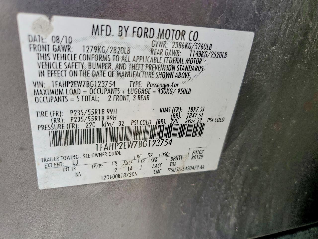 2011 Ford Taurus VIN 1FAHP2EW7BG123754 photo 12