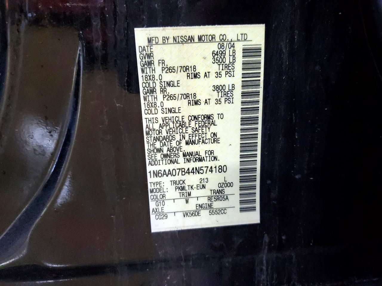 2004 Nissan TITAN VIN 1N6AA07B44N574180 photo 12
