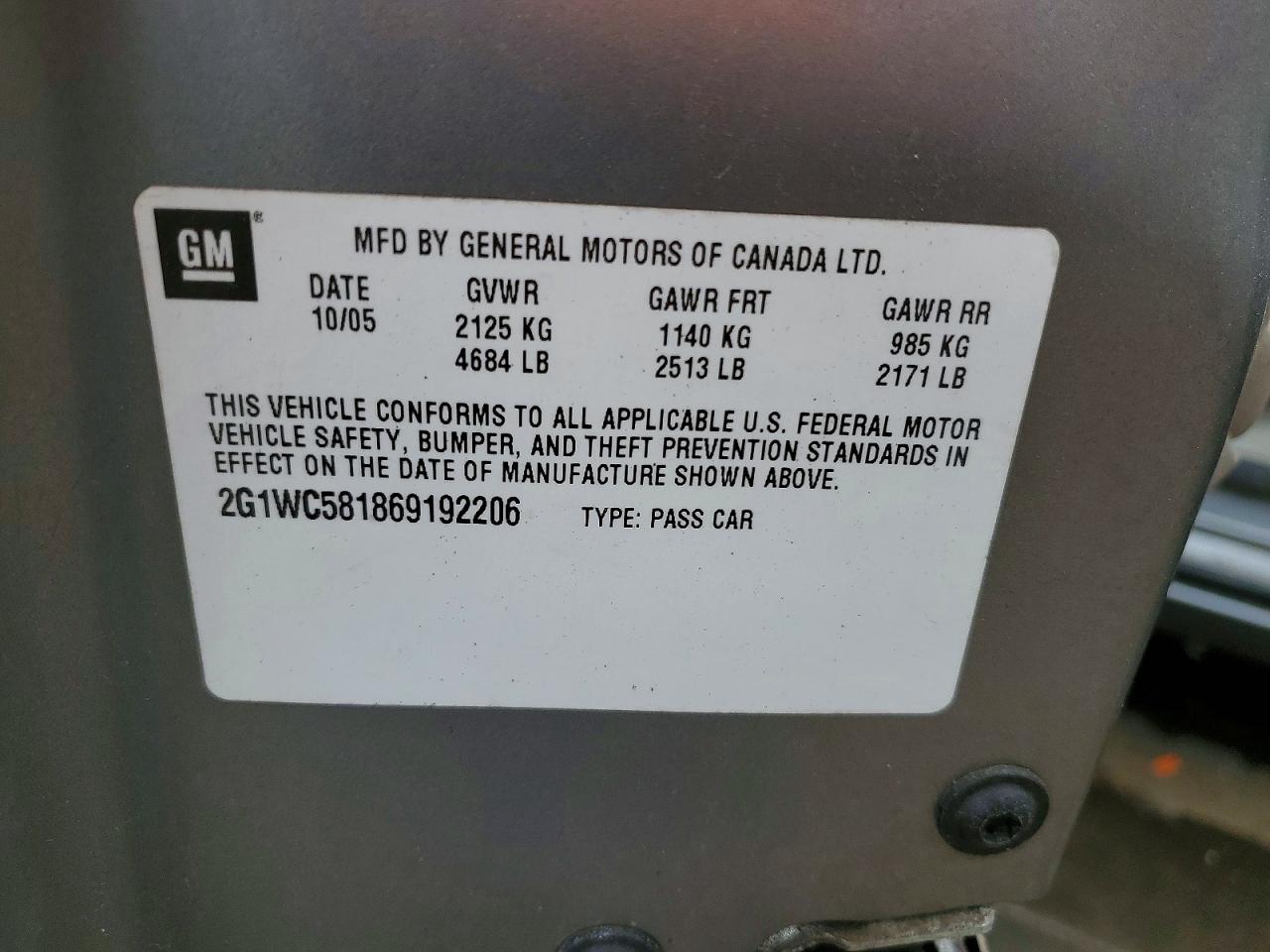 2006 CHEV Impala VIN 2G1WC581869192206 photo 12