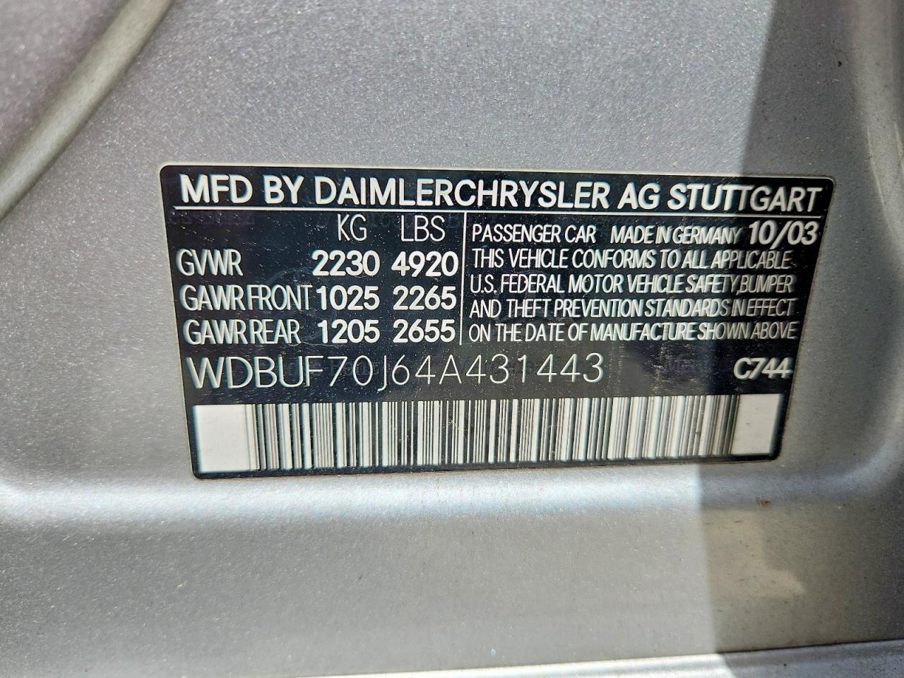 2004 MERCEDES-BENZ E-class VIN WDBUF70J64A431443 photo 12