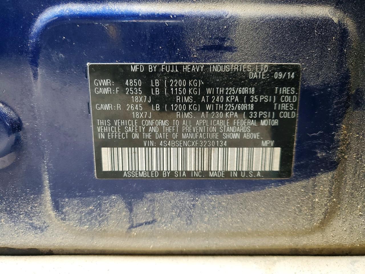 2015 Subaru Outback VIN 4S4BSENCXF3230134 photo 12