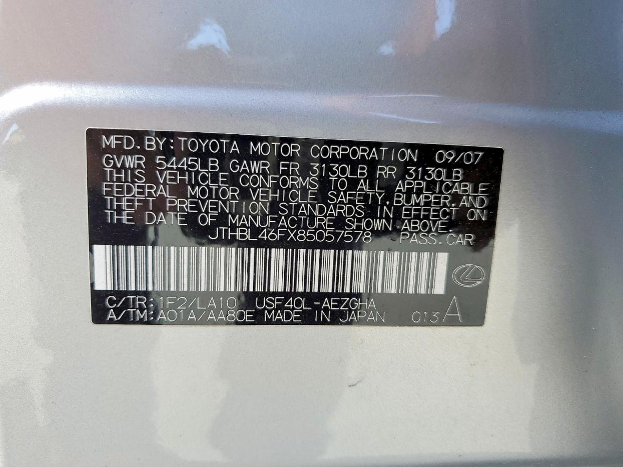 2008 LEXUS Ls460 VIN JTHBL46FX85057578 photo 12