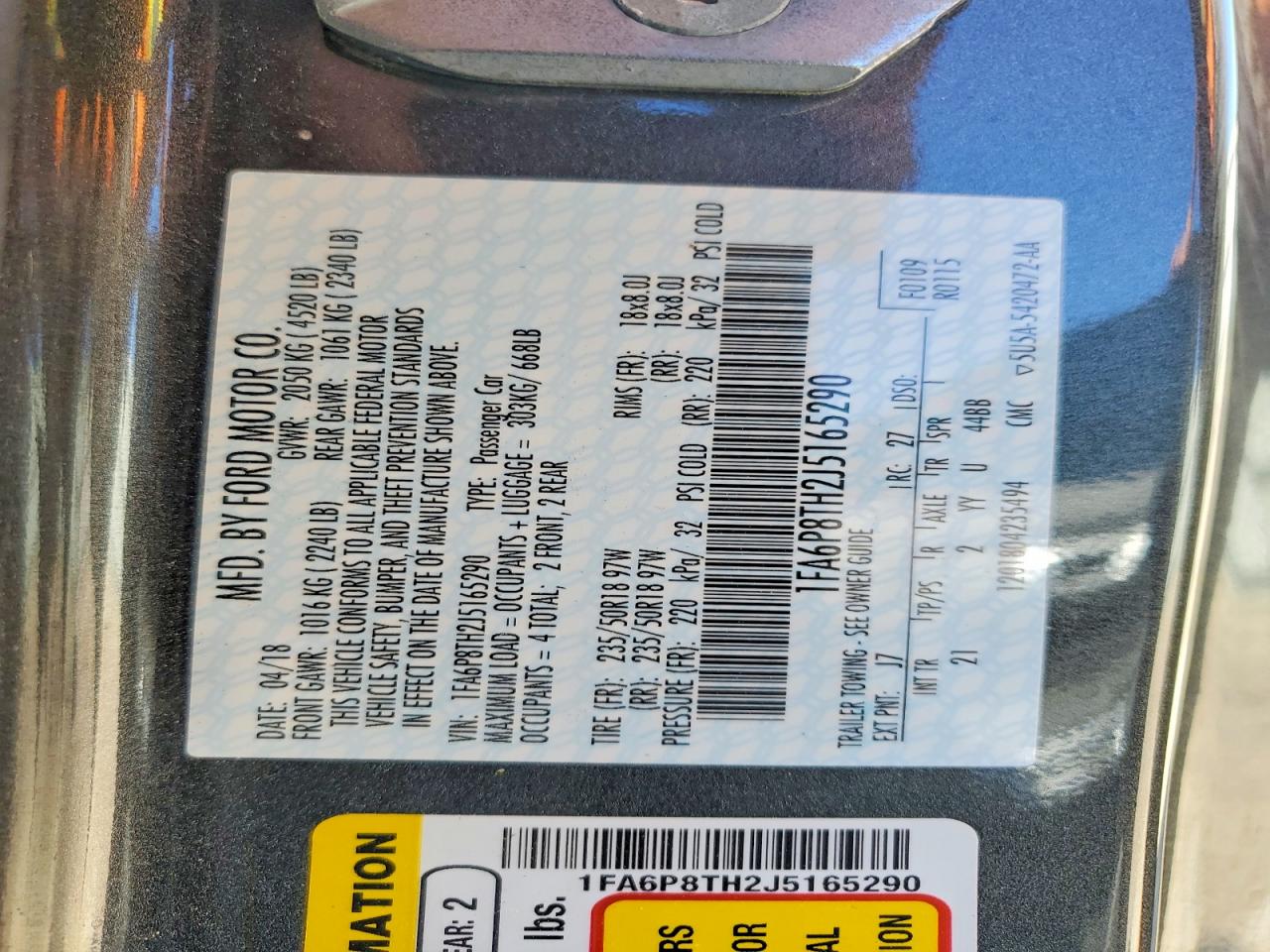 2018 FORD Mustang VIN 1FA6P8TH2J5165290 photo 12