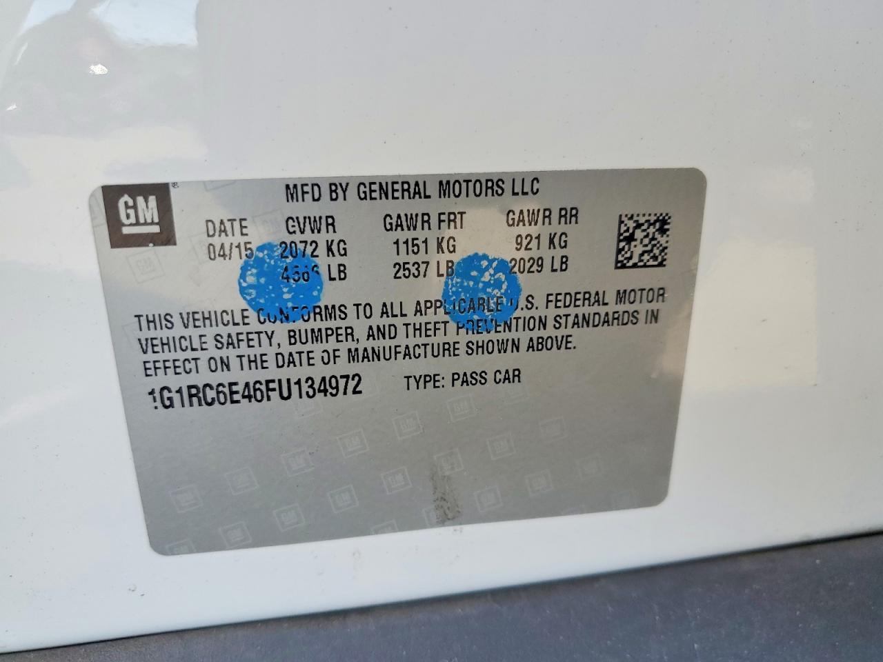 2015 CHEV Volt VIN 1G1RC6E46FU134972 photo 12