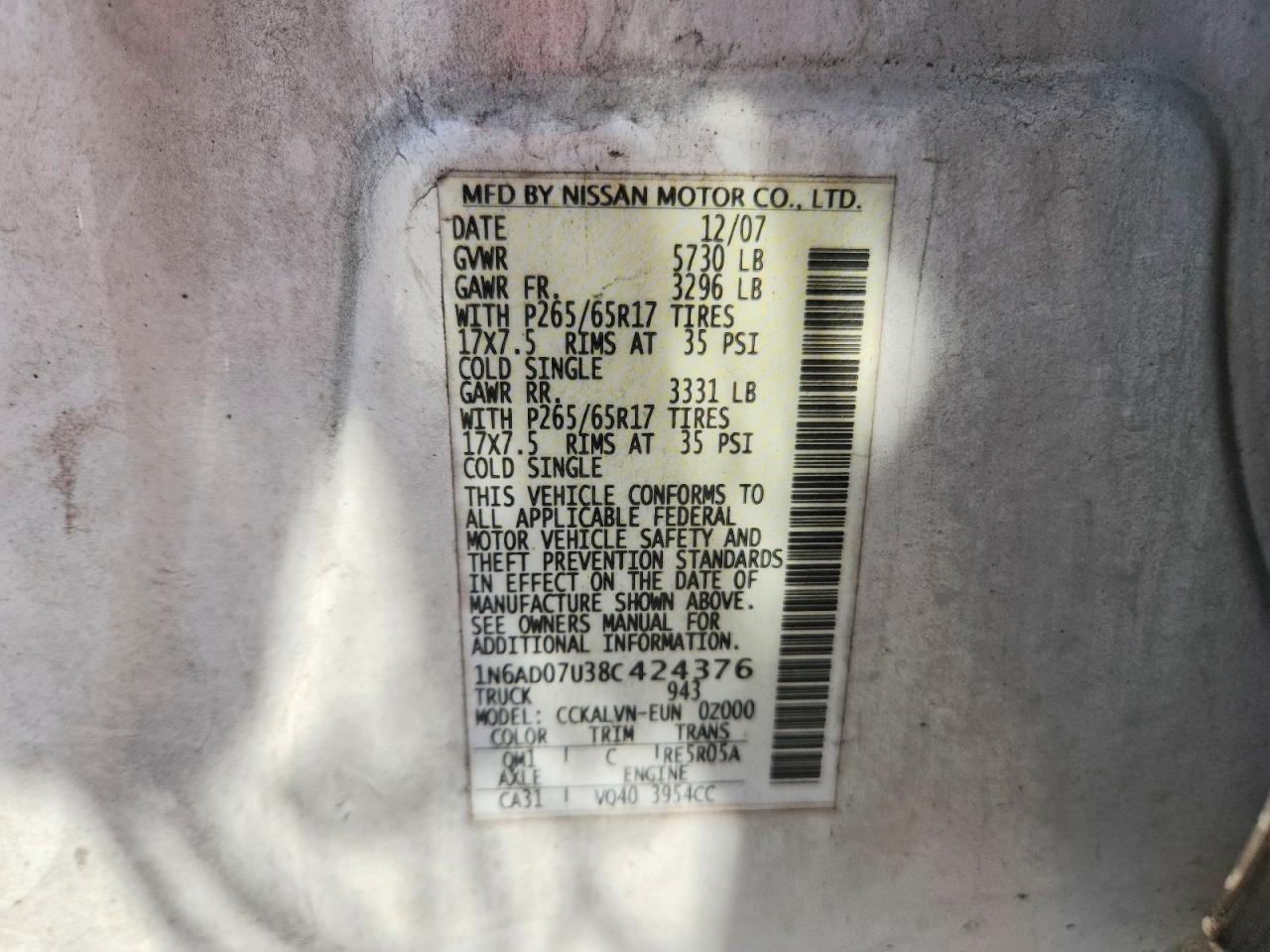 2008 Nissan Frontier VIN 1N6AD07U38C424376 photo 12