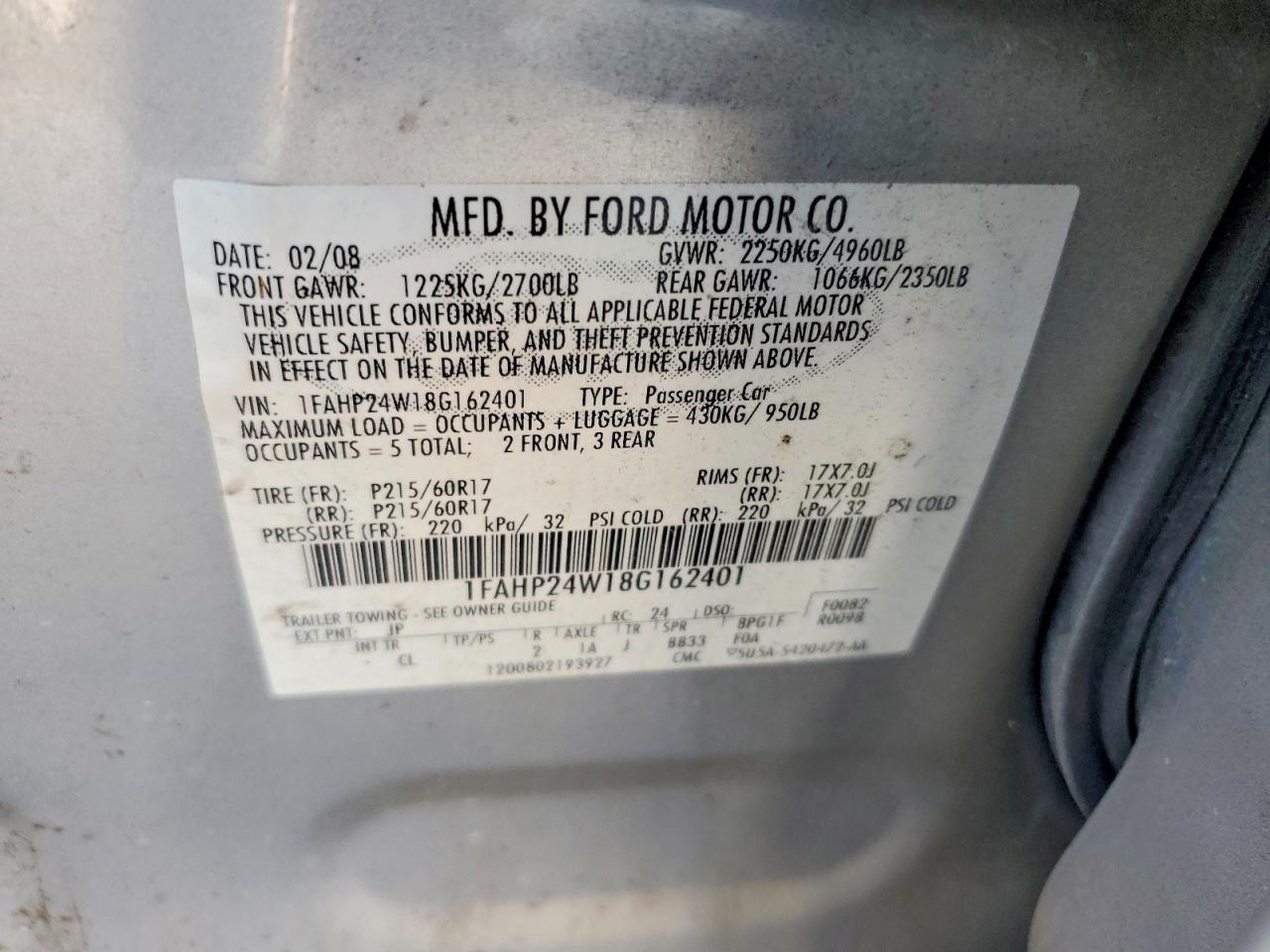 2008 Ford Taurus VIN 1FAHP24W18G162401 photo 12
