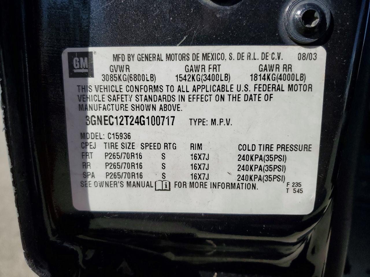 2004 Chevrolet Avalanche VIN 3GNEC12T24G100717 photo 12
