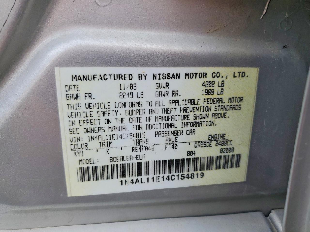 2004 Nissan Altima VIN 1N4AL11E14C154819 photo 12