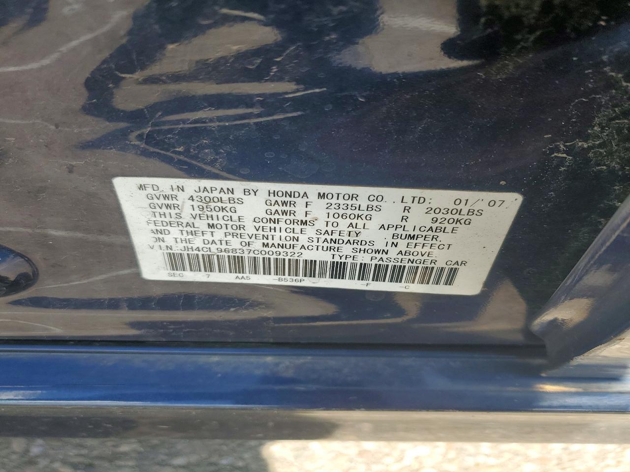 2007 Acura Tsx VIN JH4CL96837C009322 photo 12