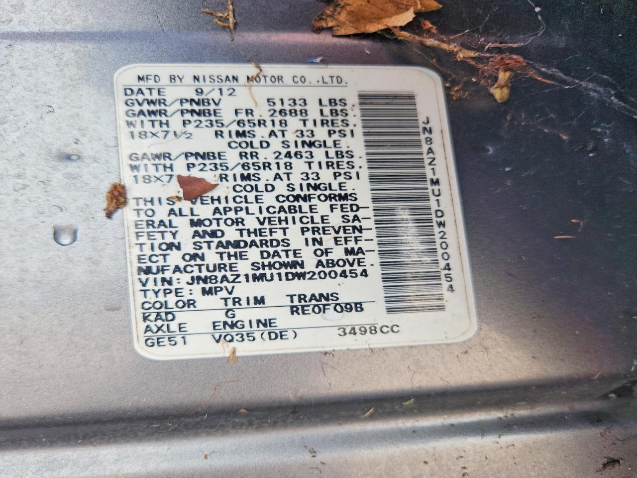 2013 Nissan Murano VIN JN8AZ1MU1DW200454 photo 12