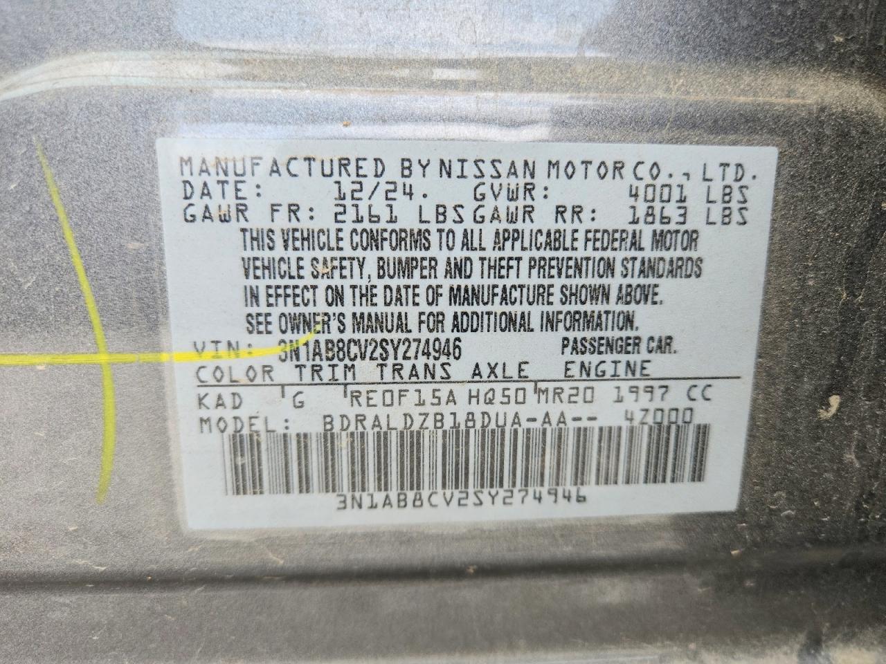2025 NISS Sentra VIN 3N1AB8CV2SY274946 photo 12