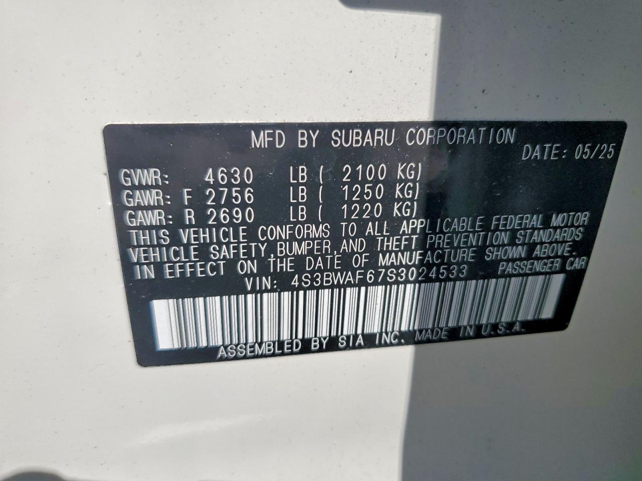 2025 Subaru LEGACY VIN 4S3BWAF67S3024533 photo 12