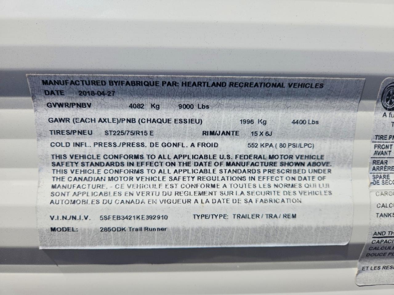 2019 HEARTLAND Trailer VIN 5SFEB3421KE392910 photo 10
