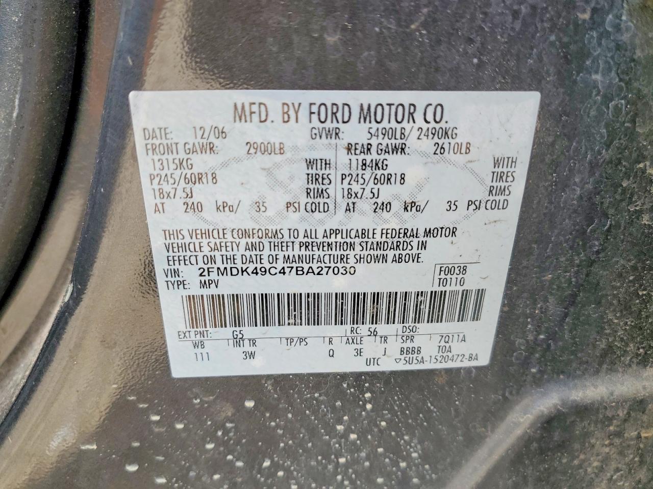2007 FORD Edge VIN 2FMDK49C47BA27030 photo 12